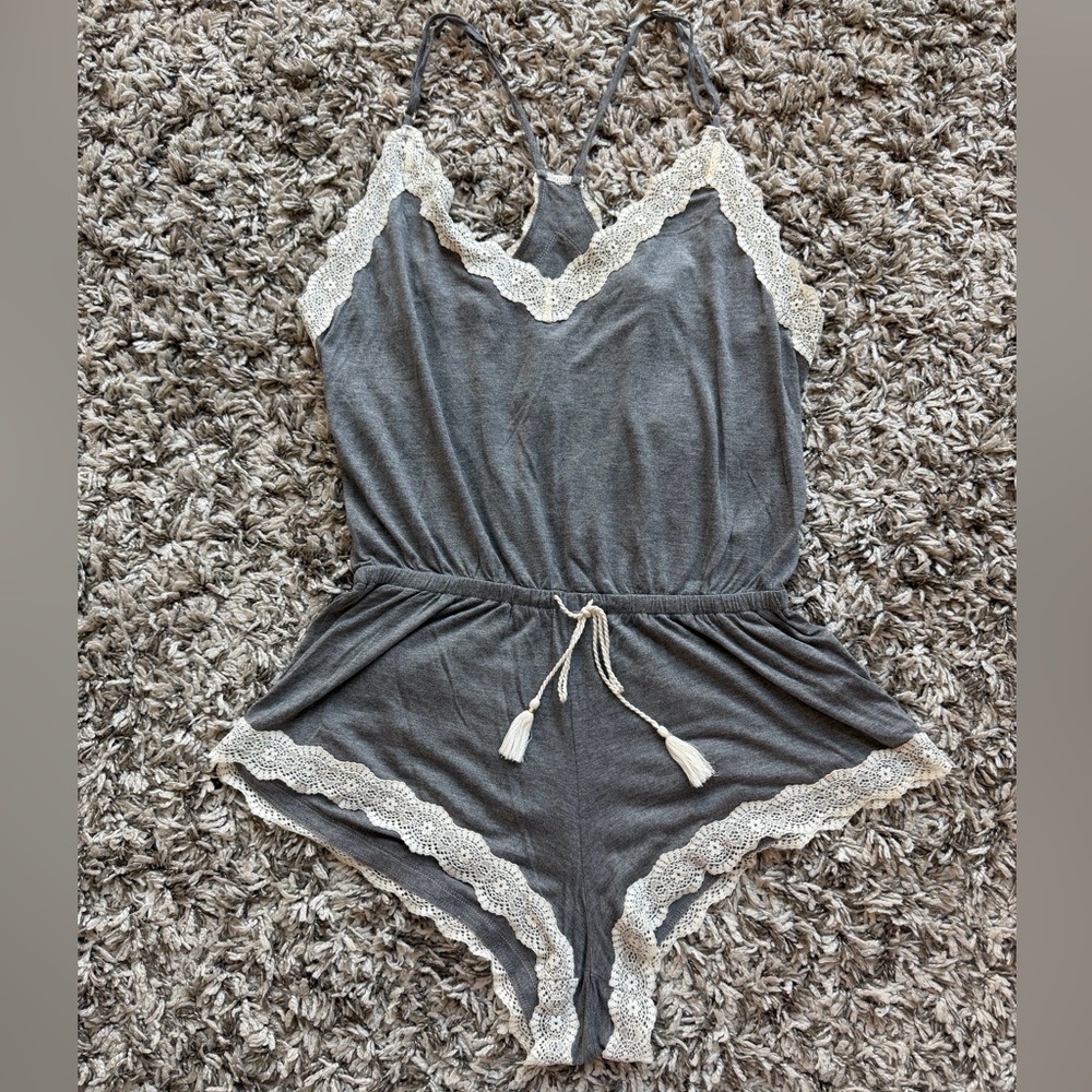 Abercrombie & Fitch Gray Romper with Cream Lace Trim